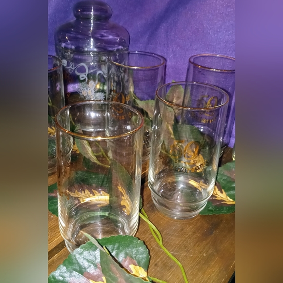 Vtg. 50th Golden Anniversary Drink Glass Set of 8, 6 Cups, Pitcher, & Candy Dish - Picture 5 of 8